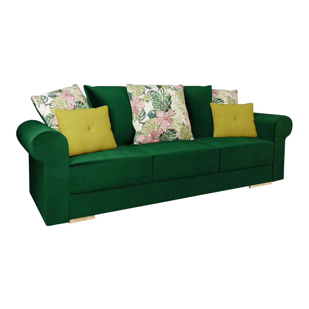 Smoky zöld mintás-sárga szövet ágyazható kanapé 255x93x90 cm